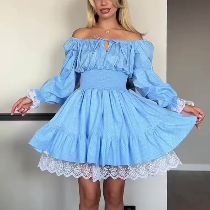 Ladies Off-Shoulder Dress with Voluminous Ruffle Details and Lace Trim Lisslune