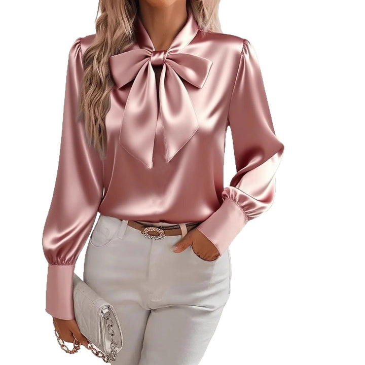Damen elegante Satinbluse mit Schleifenkragen und Puffärmeln Lisslune