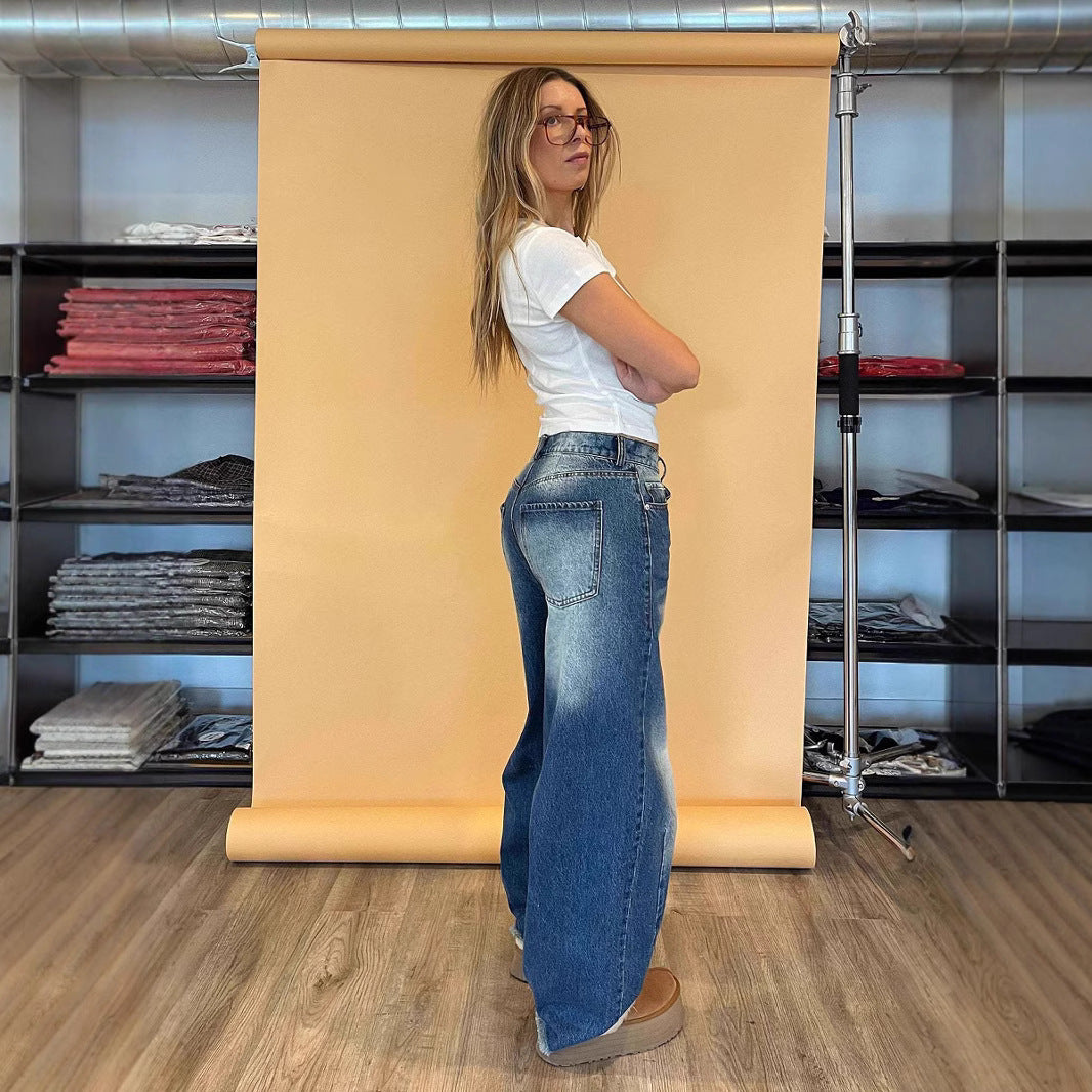 Ladies fashionable wide jeans with a unique cut and high waistband Lisslune