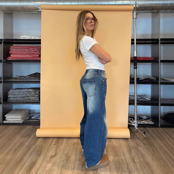 Ladies fashionable wide jeans with a unique cut and high waistband Lisslune