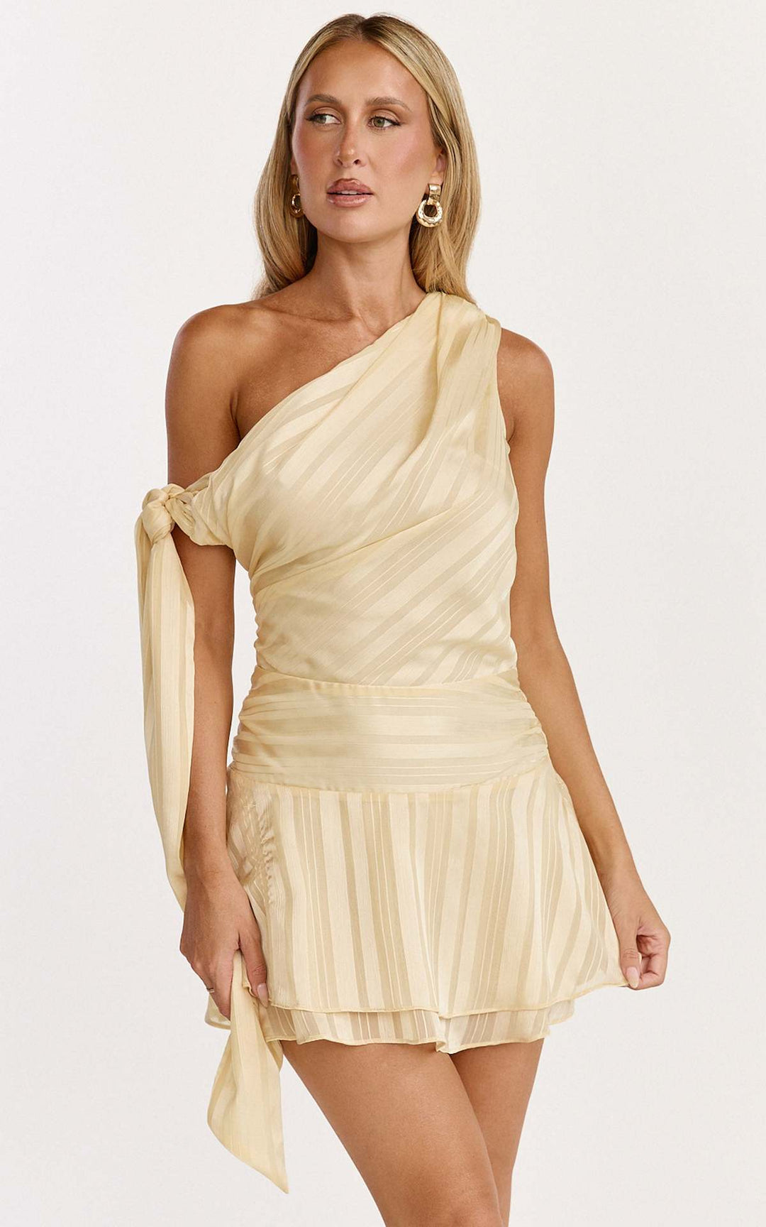 Women asymmetrical mini dress with elegant draping and side tie Lisslune