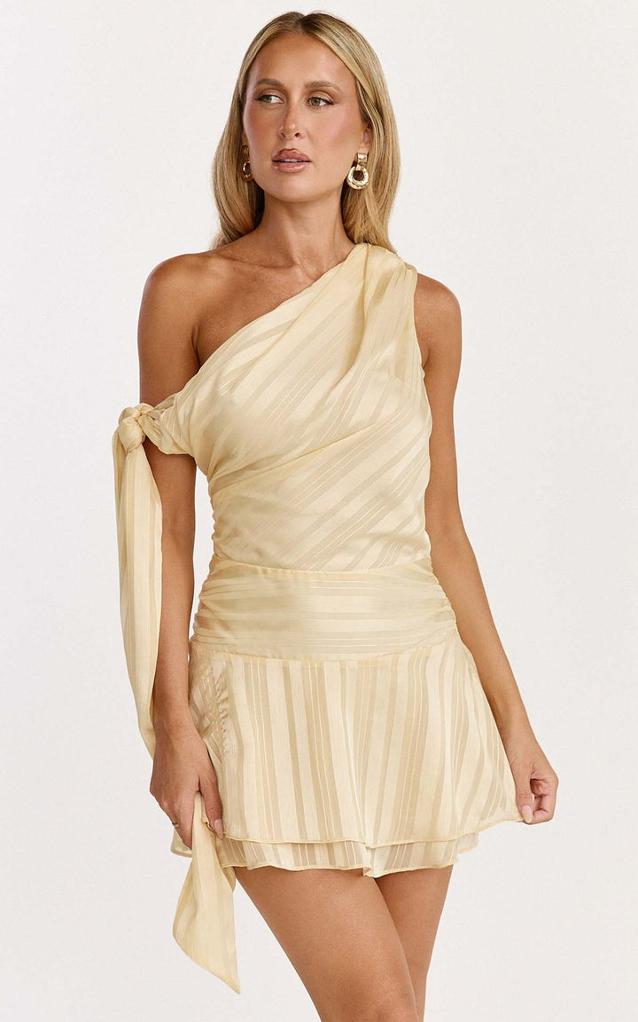Women asymmetrical mini dress with elegant draping and side tie Lisslune