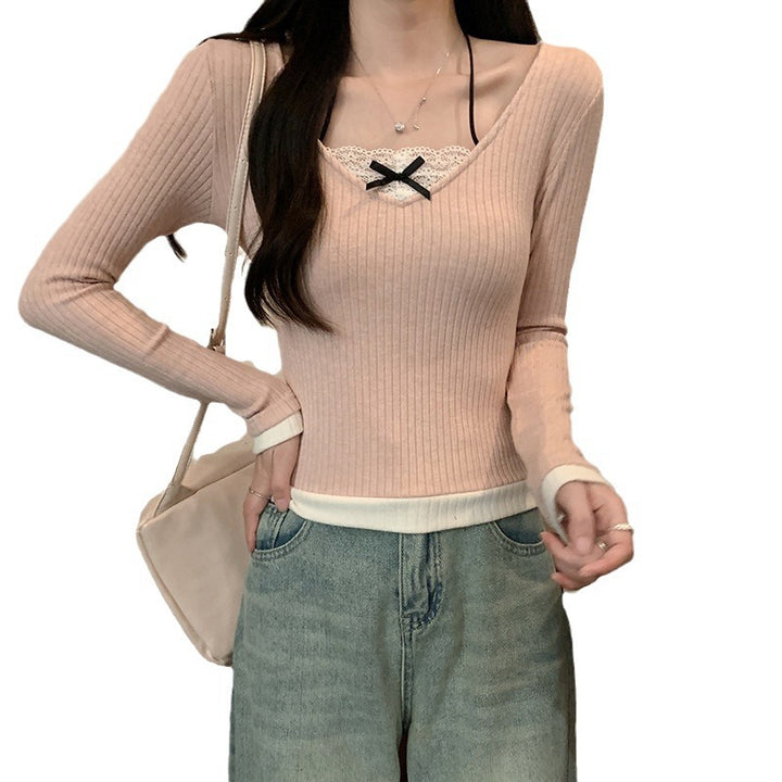 Women's long-sleeve shirt with V-neck and lace accents Lisslune