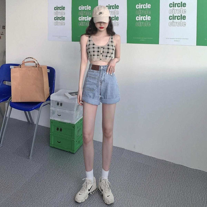 Women's Cropped Top with Check Pattern and Button Detail Lisslune