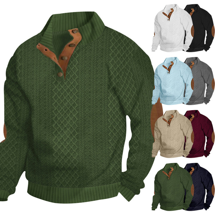 Men's knit sweater with innovative stand-up collar and modern leather appliqués Lisslune