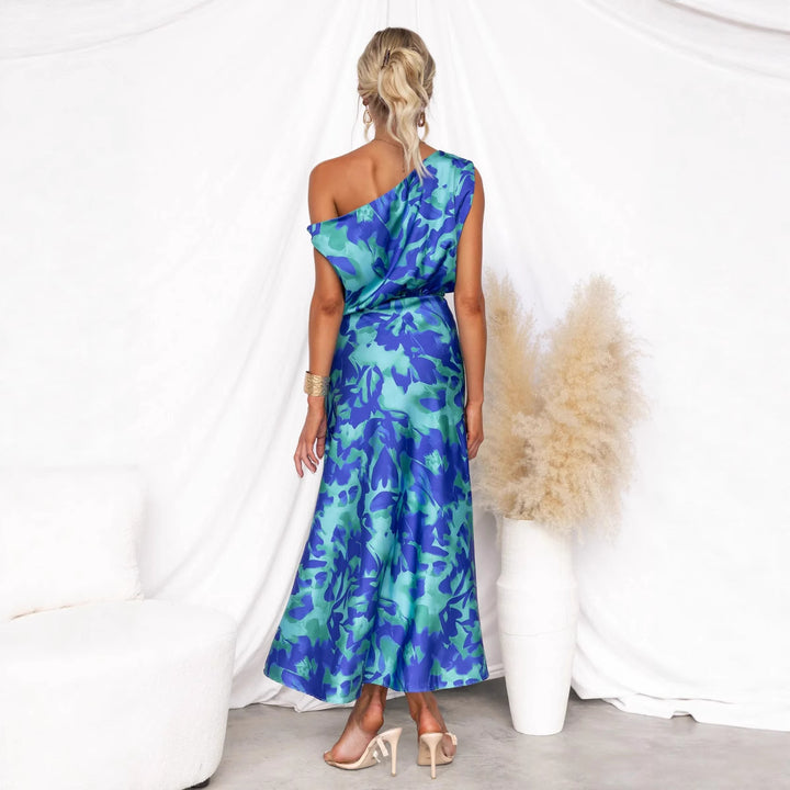 Women's maxi dress with asymmetrical design and flowing fabric
