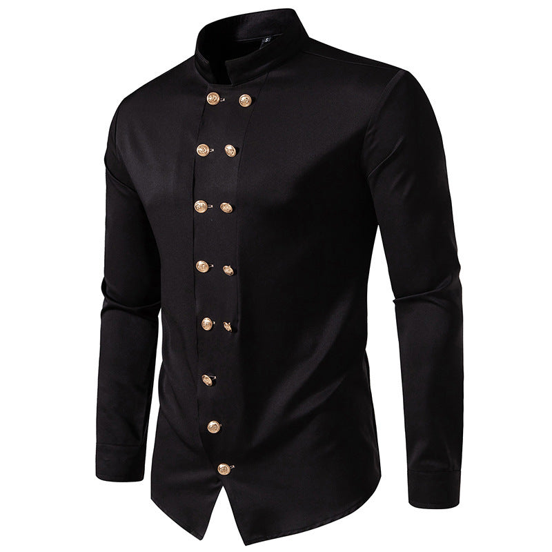 Men's Long Sleeve Shirt with Traditional Stand Collar and Decorative Buttons Lisslune