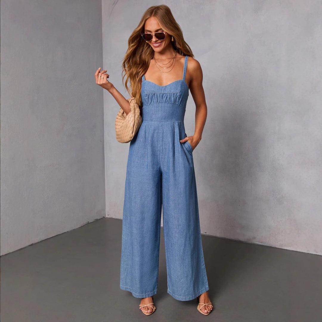 Women's casual denim jumpsuit with elegant bustier top and wide leg
