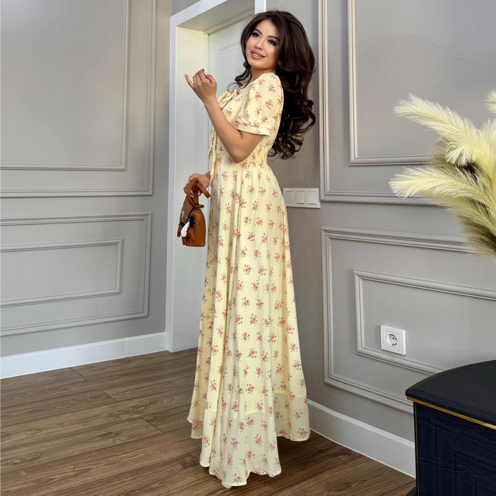Women's maxi dress with elegant bow tie and romantic flower pattern Lisslune