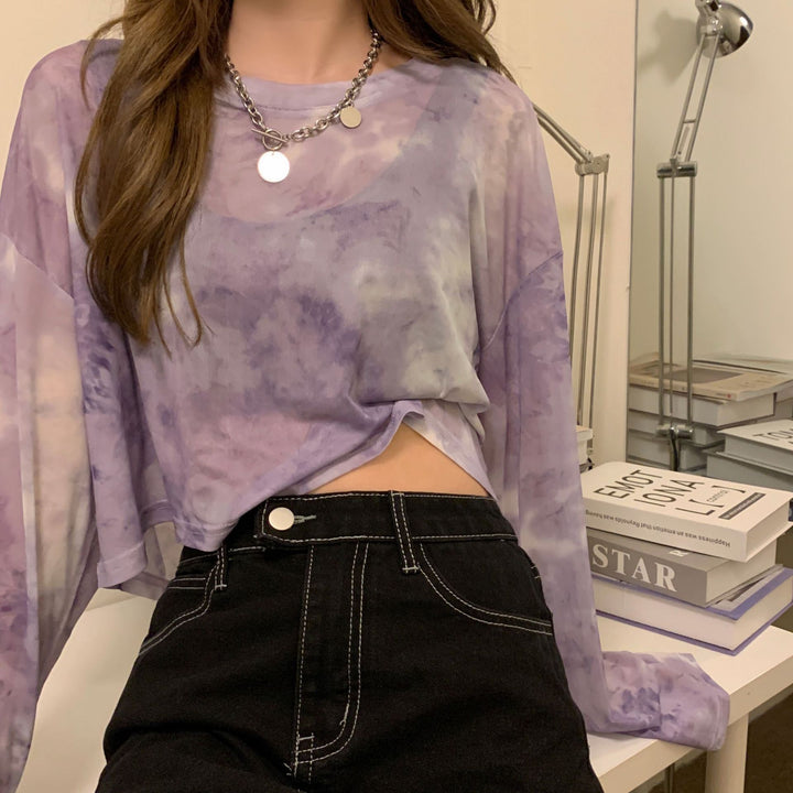 Women's cropped sweatshirt in modern batik design with wide sleeves and round neckline Lisslune