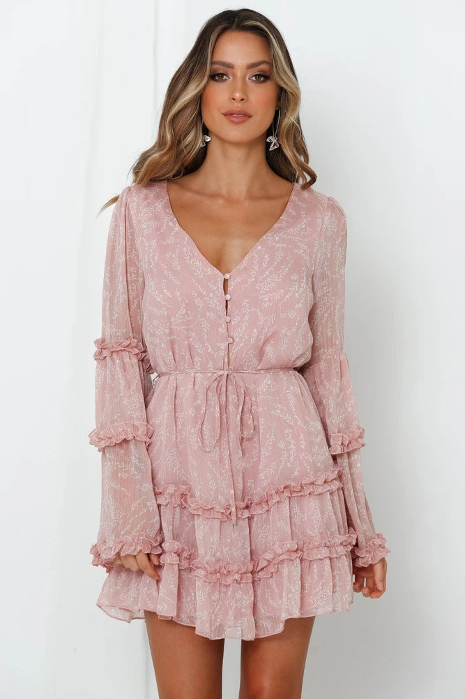 Women's ruffled dress with long, transparent sleeve and tie belt Lune London