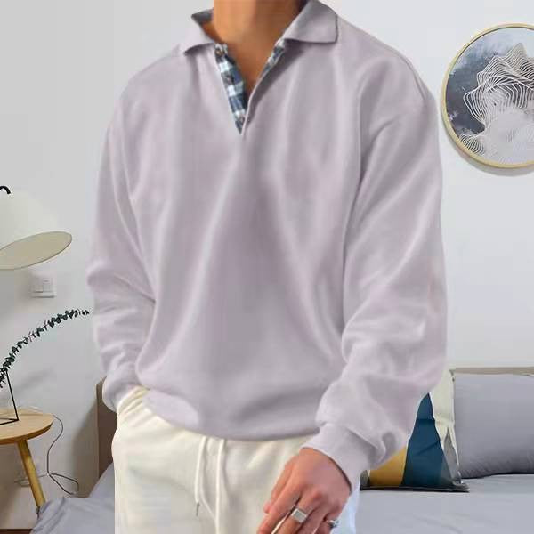 Men's Long Sleeve Polo Shirt with Elegant V-Neck and Stylish Contrast Details Lisslune
