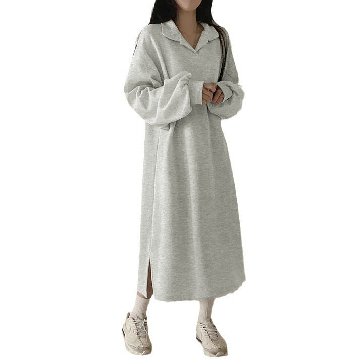Women elegant hoodie dress with casual puff sleeves and side slit