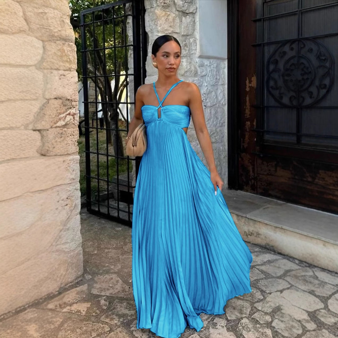 Women's pleated dress with off-the-shoulder design and refined strap details