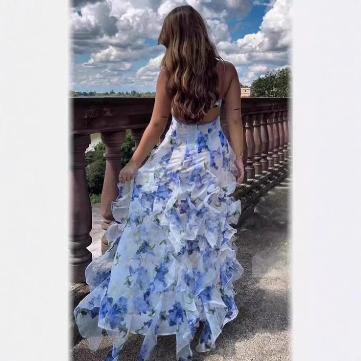 Ladies Flowing Chiffon Maxi Dress with Ruffle Details and Floral Accents Lisslune