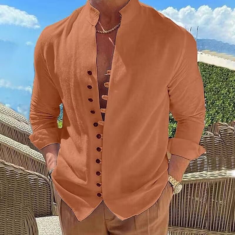 Men's cotton shirt with fashionable stand-up collar and decorative button placket Lisslune