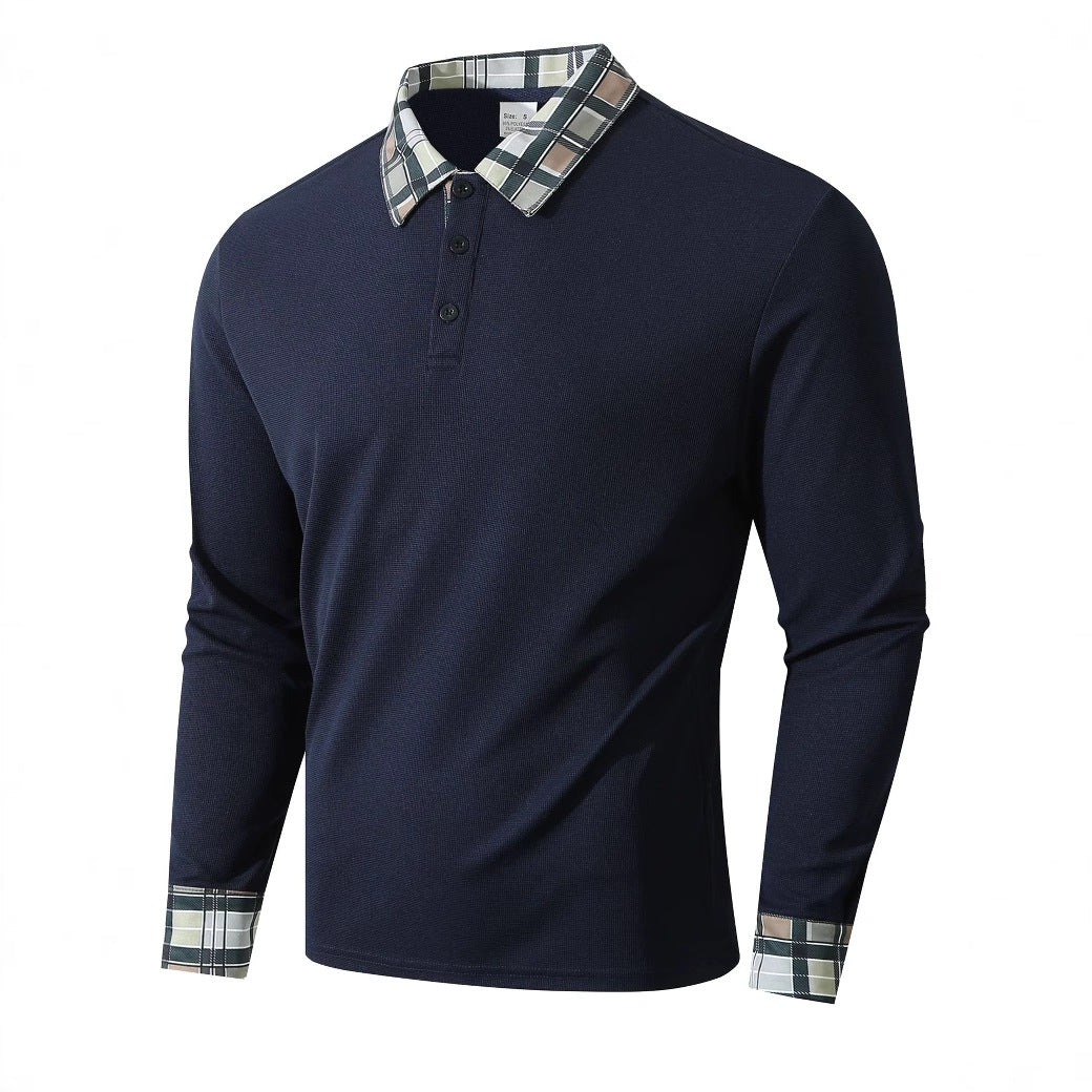 Men's Long Sleeve Polo Shirt with Stylish Check Pattern Lisslune