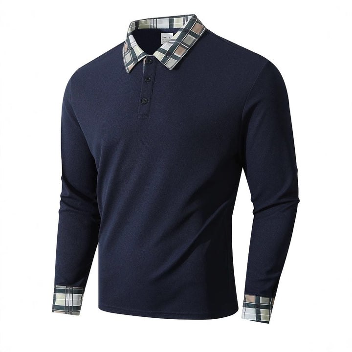 Men's Long Sleeve Polo Shirt with Stylish Check Pattern Lisslune