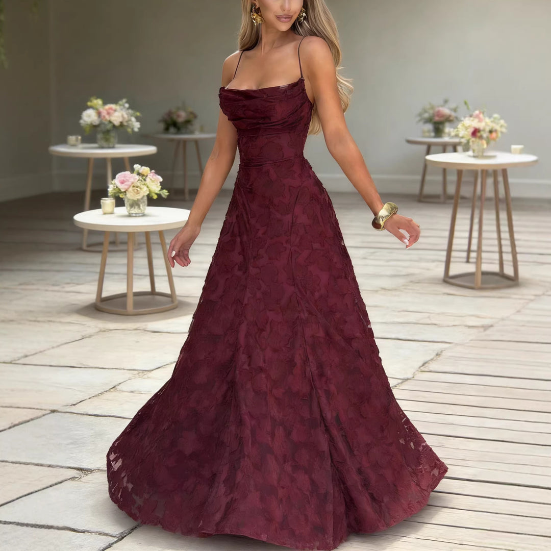 Ladies Elegant Maxi Dress with Floral Lace Design and Adjustable Spaghetti Straps Lisslune