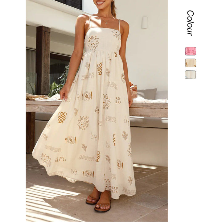 Women's maxi dress with smocked top and playful graphic design Lune London
