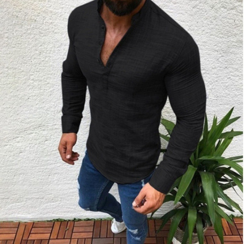 Men's Long Sleeve Shirt with Modern Stand Collar and Button Closure Lisslune