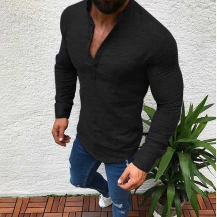 Men's Long Sleeve Shirt with Modern Stand Collar and Button Closure Lisslune