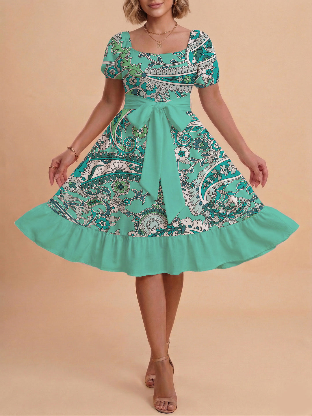 Women A-line dress with floral motifs and adjustable belt Lisslune