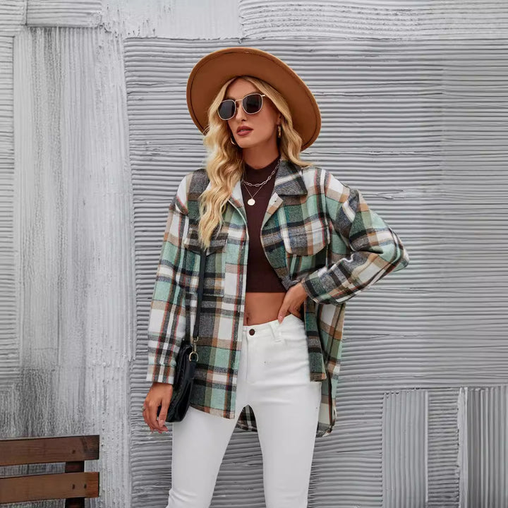 Women's checkered shirt jacket in a casual style with practical chest pockets.