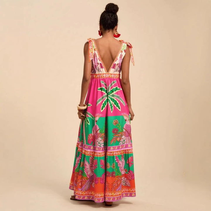 Women's maxi dress with deep V-neckline and playful lacing details Lune London