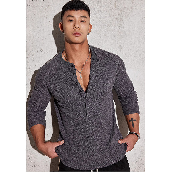 Men's long-sleeve shirt with textured design and fashionable button details Lisslune