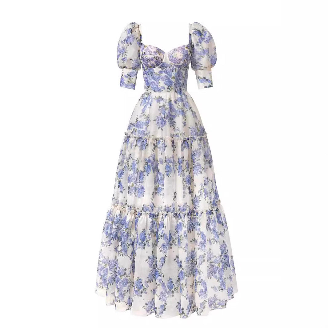 Women's Elegant Maxi Dress with Off-the-Shoulder Ruffle Sleeves and Floral Accents