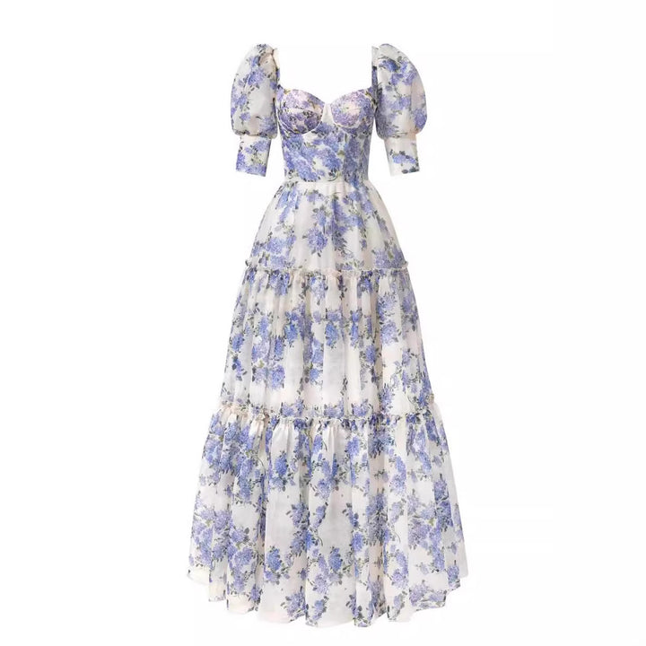 Women's Elegant Maxi Dress with Off-the-Shoulder Ruffle Sleeves and Floral Accents