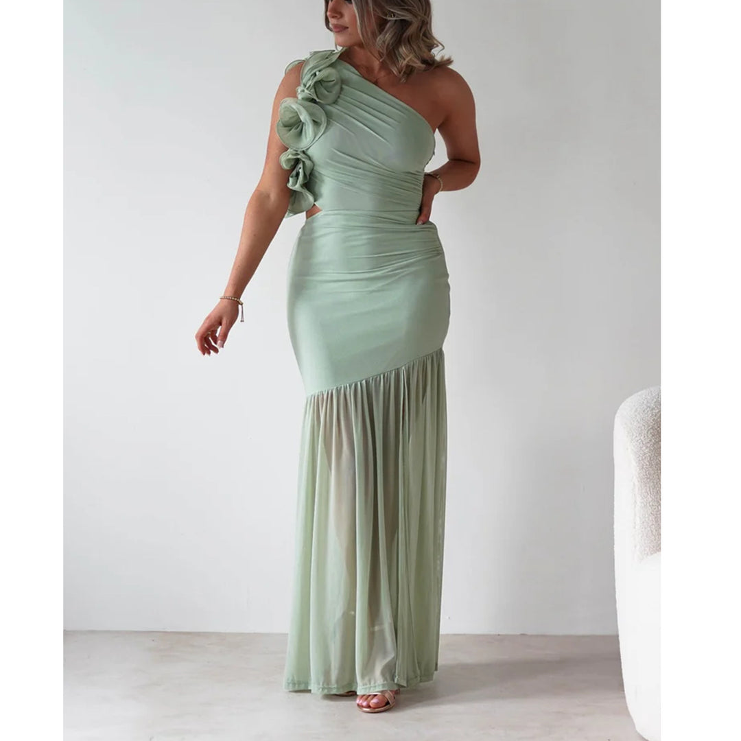 Women’s maxi dress with asymmetric cut and romantic ruffle details Lune London