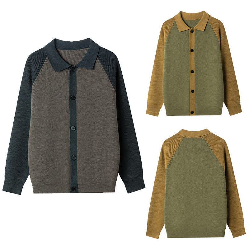 Men's Fashionable Cardigan with Contrasting Sleeves and Button Placket Lisslune