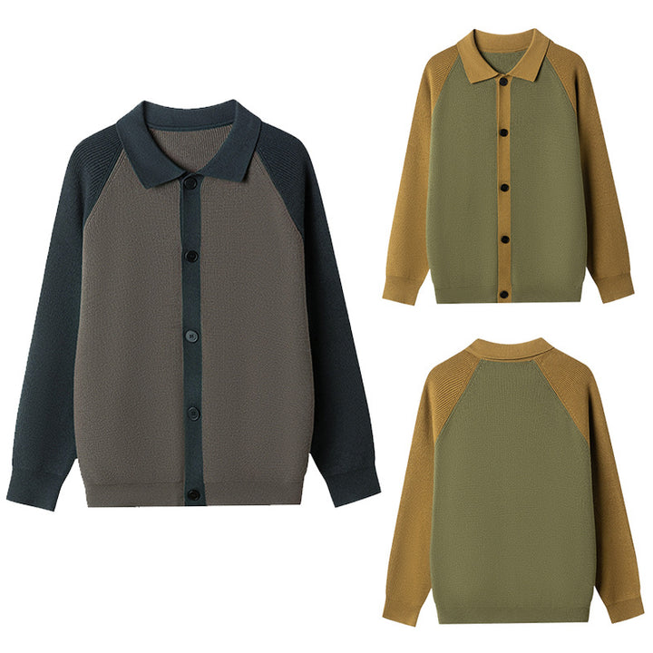 Men's Fashionable Cardigan with Contrasting Sleeves and Button Placket Lisslune