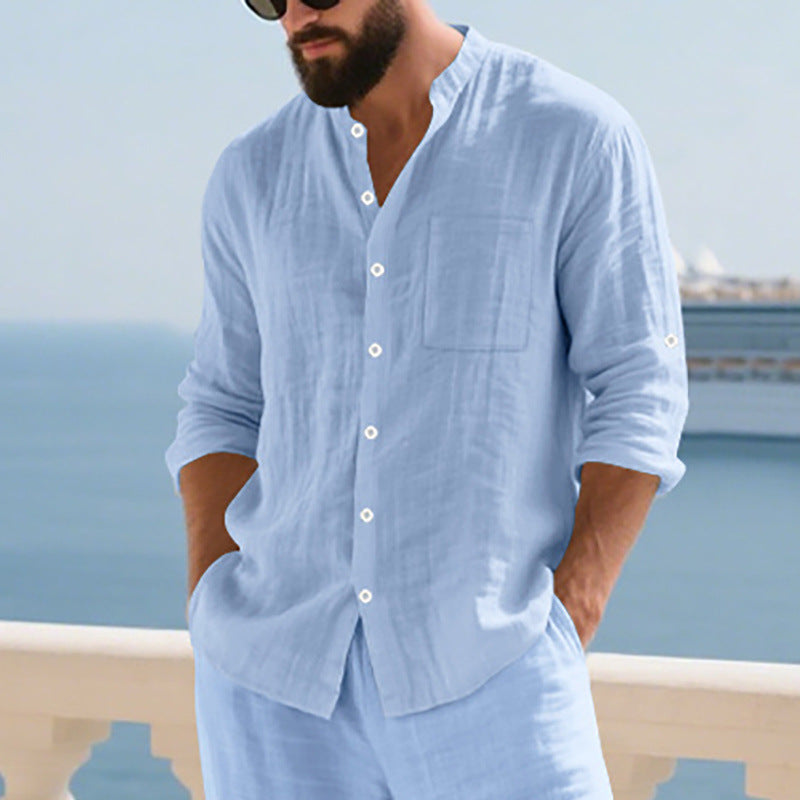 Men's linen shirt with modern stand-up collar and practical breast pocket Lisslune