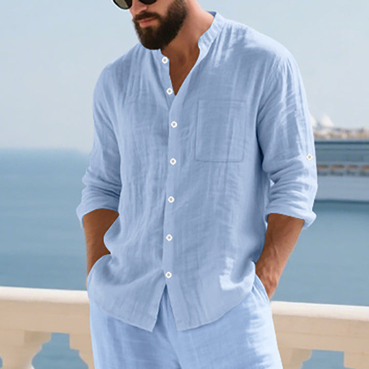 Men's linen shirt with modern stand-up collar and practical breast pocket Lisslune