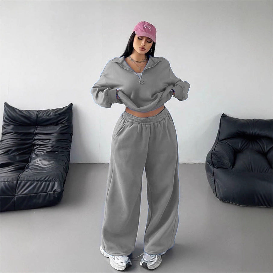 Women's sporty fleece loungewear set with high collar and loose fit Lisslune