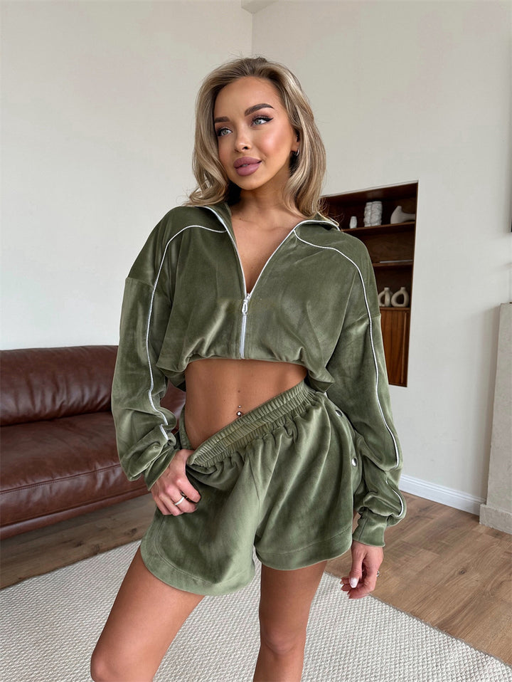 Women Sporty Velours Hoodie and Shorts Set Lisslune