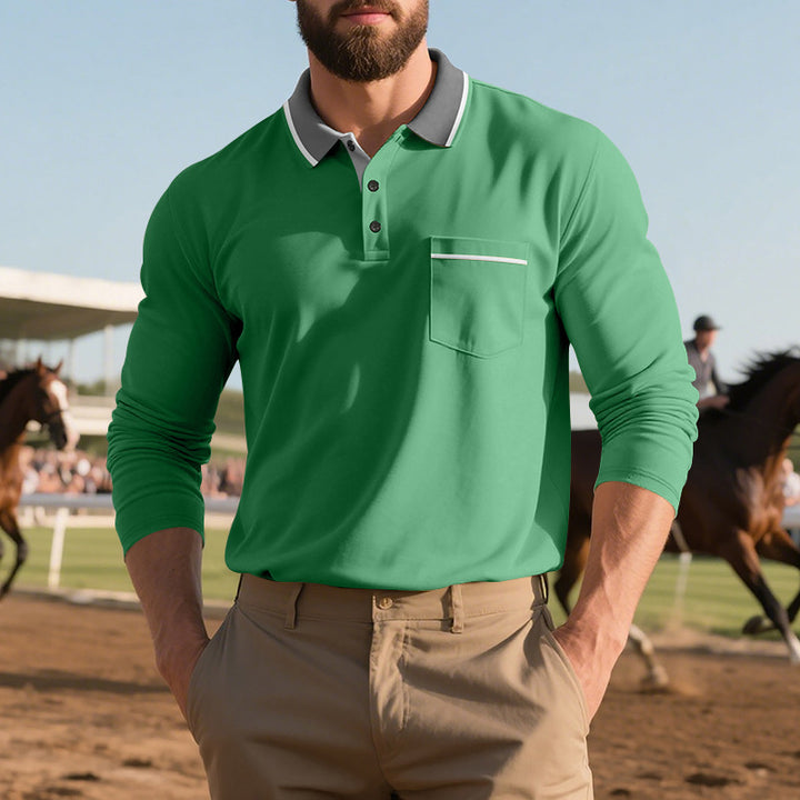 Men's Long Sleeve Polo Shirt with Fashionable Collar and Chest Pocket Lisslune
