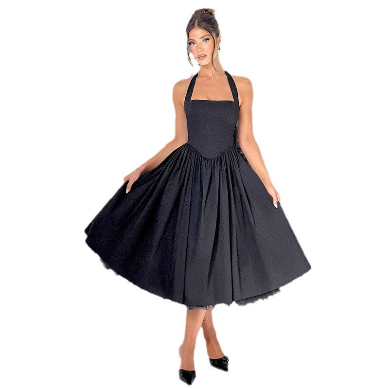Ladies Elegant Halterneck Dress with Voluminous Skirt and Integrated Tulle Lisslune