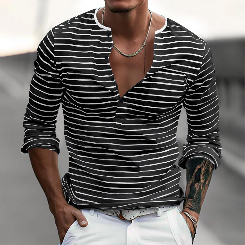 Men's Casual Long Sleeve Shirt with Subtle Stripe Pattern and Button Placket Lisslune