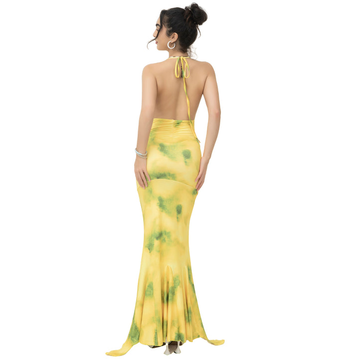 Ladies maxi dress with airy cowl neck and elegant ruffle details