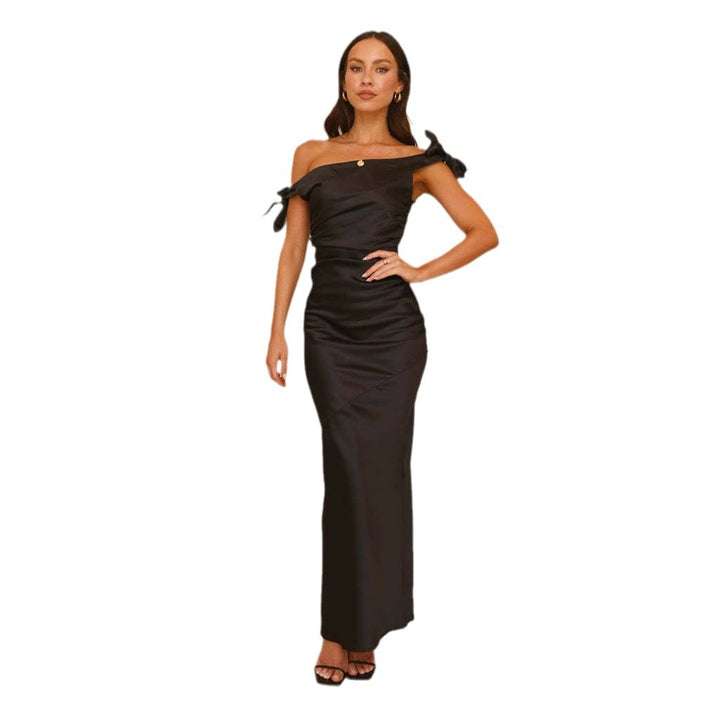 Women’s evening dress with off-the-shoulder design and ruffle detail