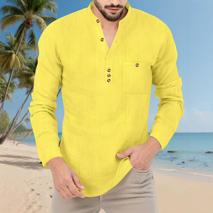 Men's Casual Long Sleeve Shirt with Button Placket and Chest Pocket Lisslune