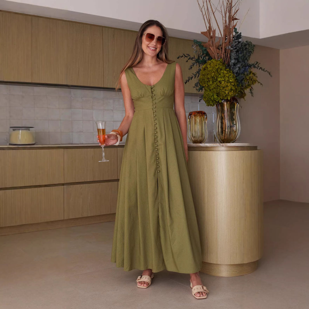 Ladies maxi dress with chic button design and elegant V-neck Lune London