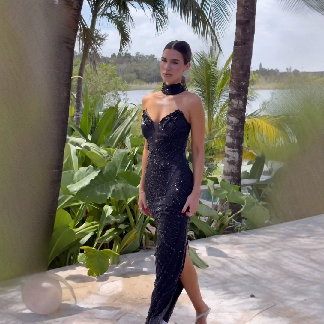 Ladies Glamorous Evening Dress with Glittering Details and Slim Fit