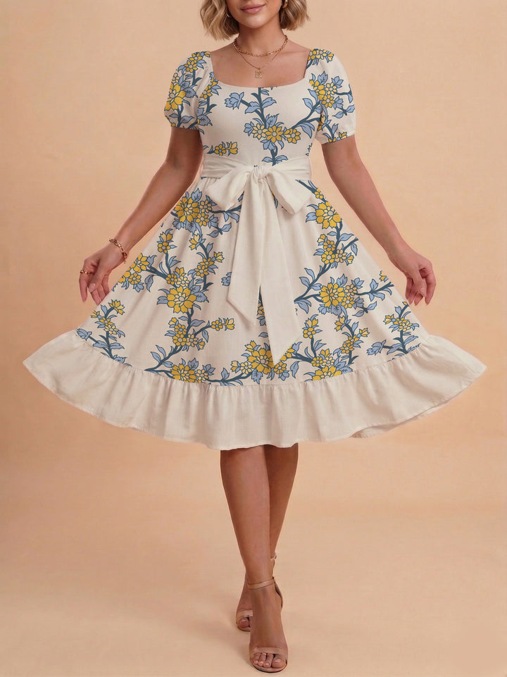 Women's floral dress with adjustable belt and voluminous sleeves Lisslune