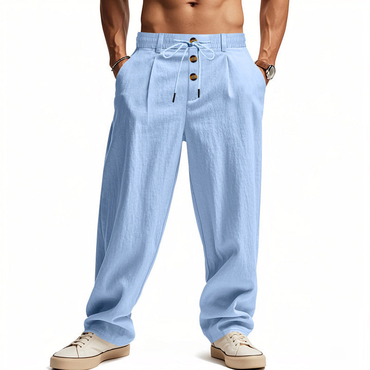 Men's casual loose-fitting leisure pants with elastic waistband and functional button details Lisslune