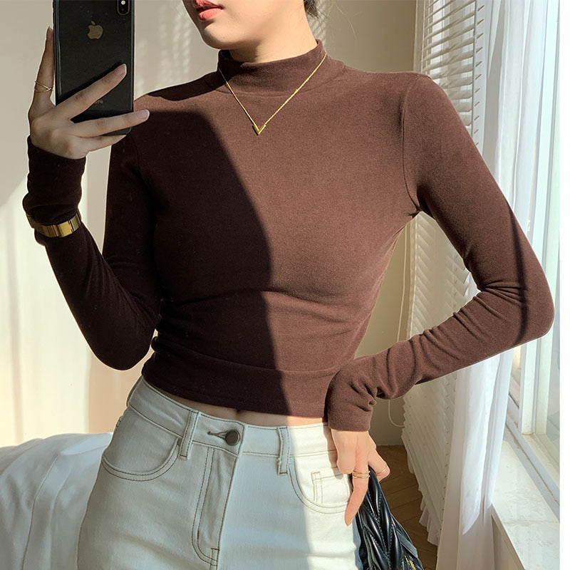 Women's Long Sleeve Crop Top with High Collar and Fitted Cut